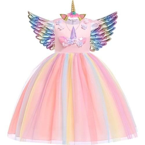Girls Unicorn Tutu Dress Rainbow Princess Kids Party Dress Children Christmas Halloween Cosplay Costume With Headband Wings