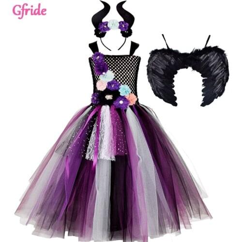 Halloween Costumes For Girls Cosplay Witch Long Tutu Dress With Headband Wings For Kids Birthday Party Dress Up Costume 2-10Y