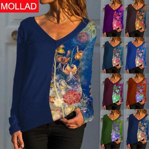 Europe and America Cross Border Foreign Trade Top 2021 Autumn and Winter New V-neck Long Sleeve Positioning Printed T-shirt