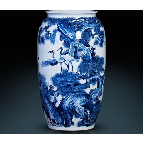 Jingdezhen Ceramic Hand-painted Blue And White Porcelain Landing Vase Pine Crane Year Old Home Decoration Accessories Large vase