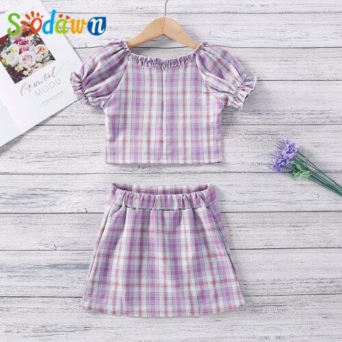 Sodawn Girls Plaid Printed Suit Summer New Fashion Square Neck Short Sleeve Top + High Waist Skirt 2-piece Girl Clothes