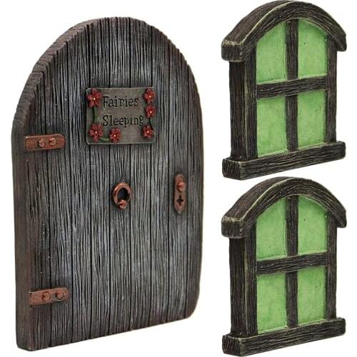 Cute Miniature Fairy Garden Window Door for Trees Statues House Face Art Gnome Yard Elf Fairy Accessories Garden Statues Decor