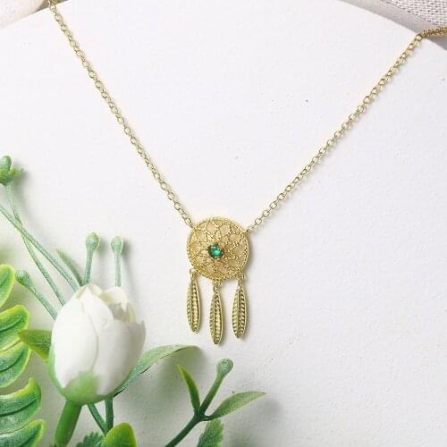 Pendant Necklace For Women Light Luxury Tassel Hollow Flower Green Crystal Light Yellow Gold Color Fashion Jewelry N040