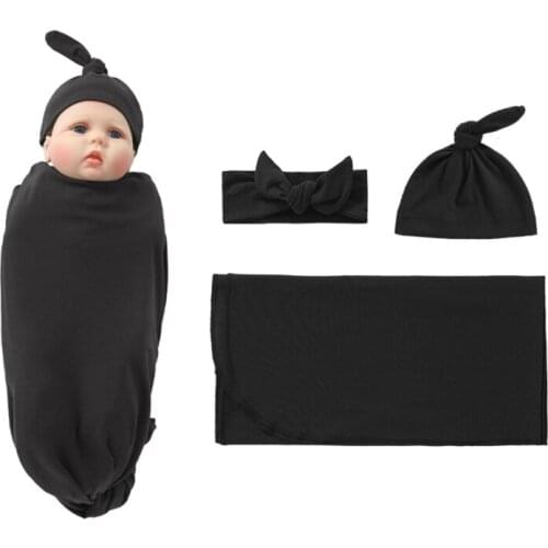 24BE 3 Pcs Newborn Swaddling Wrap + Headband + Hat Set Baby Receiving Blanket Sleepsack Hair Band Cap for Baby Infants Boys