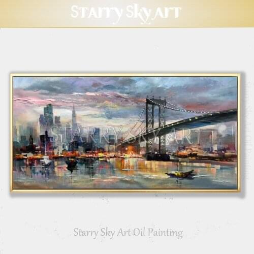 City Landscape Hand-painted High Quality Contemporary New York Skyscrapers Oil Painting on Canvas New York Bridge Oil Painting