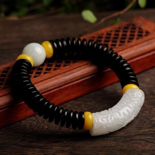 Handmade Tibetan Buddhist Braided Cotton Thread Lucky Bracelet Natural Black Coconut Shell Jadeite Jade Beads Carved Bangle