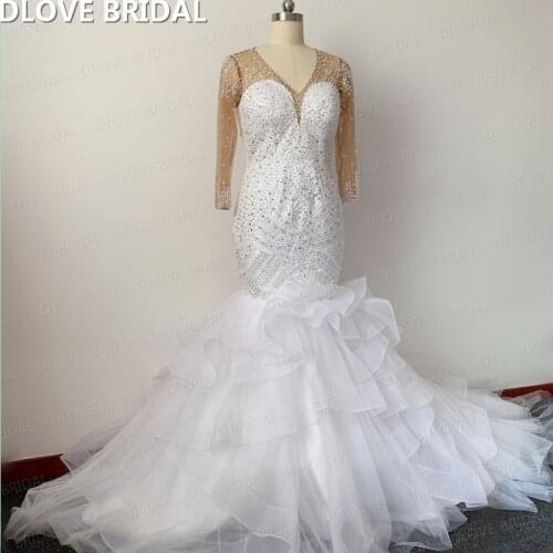Luxury Mermaid Wedding Dress Factory Custom Made Bridal Gown Heavy Beaded Long Sleeves