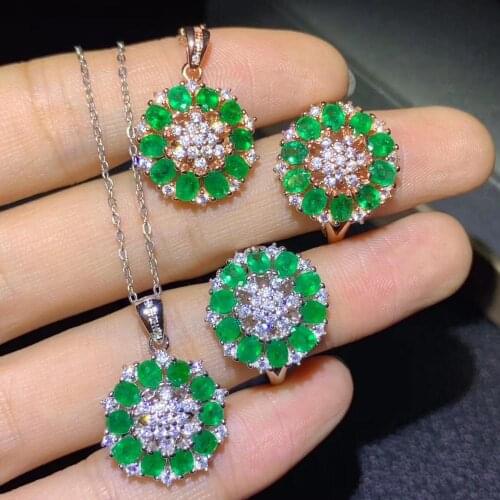 Natural green emerald gemstone ring earring and necklace silverjewelry set for women hot selling gift style