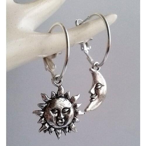 Sun and Moon Earrings , Asymmetrical Earrings , Hoops , Celestial Earrings , Silver plated Hoops , Hoop Earrings ,Star , Gift