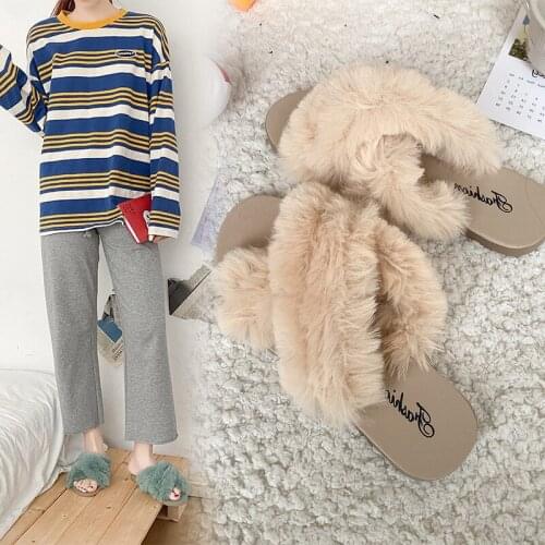 Women Winter House Slippers Faux Fur Fashion Warm Shoes Woman Slip On Flats Female Slides Black Cozy Home Fuzzy Slippers MTX50