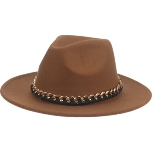 Women hats solid color wide brim gold chain band luxury brand felt hat fedora black white formal dress wedding winter hats women