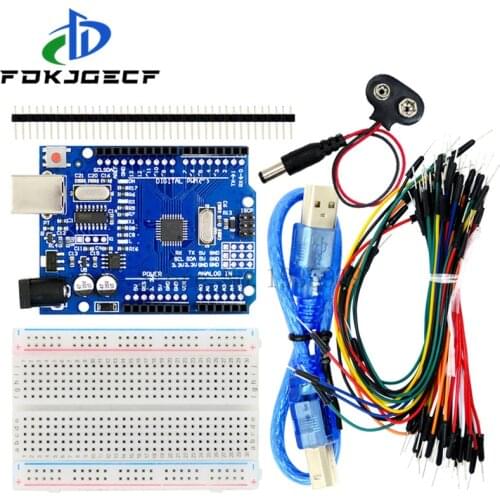 Starter Kit for Arduino Uno R3 - Bundle of 5 Items: Uno R3, Breadboard, Jumper Wires, USB Cable and 9V Battery Connector