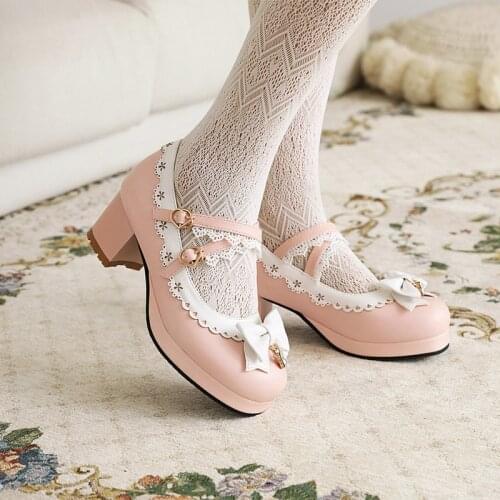 Lolita Bear Decorative Shoes Round Toe Thick with Bow Womens Shoes Single Shoes Tea Party Womens Shoes High Heels Sexy
