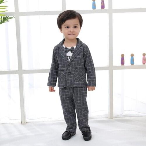 2021 Spring Childrens Small Dress Suit Boys' Cotton Plaid Long Sleeve Coat Suit 3 Pcs Suit(Clothes+Pants+Coat)