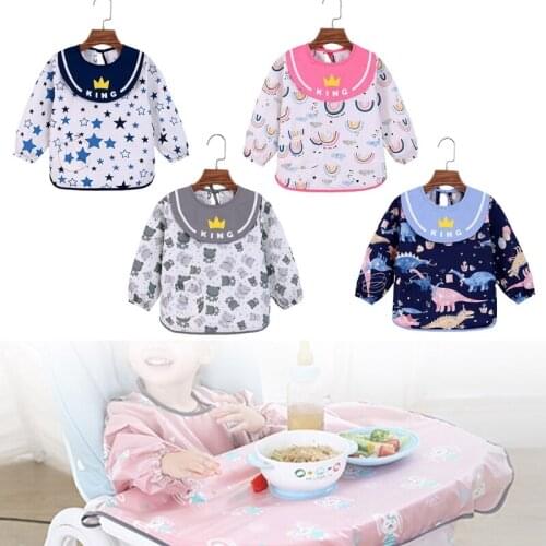 Waterproof Baby Cartoon Bibs Infant Feeding Smock Burp Cloth Kids Adjustable Long Sleeve Painting Apron