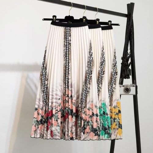 Flolra Printed Mid Skirt Women Elastic Waist Pleated Skirts Women Pleated A-line Summer Skirt Femme