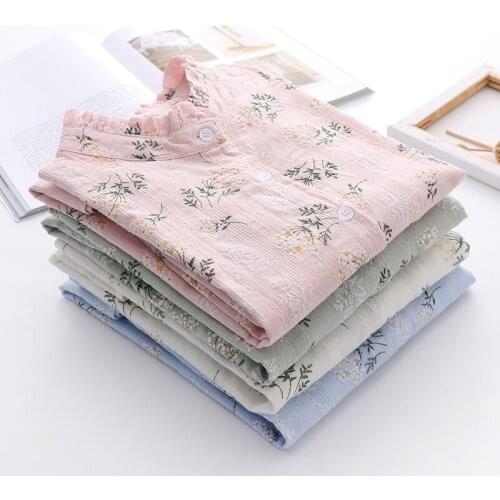 Cotton 100% Floral Women Shirts Summer New 2021 Ruffles Neck Long-Sleeved Sweet Style Elegant Office Lady Outwear Tops