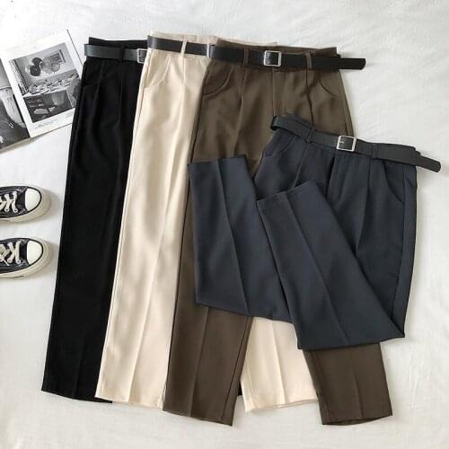 New 2021 Spring Summer Women Pants High Waist Loose Formal Elegant Office Lady Ankle-Length With Belt Pants