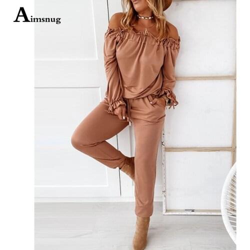 Aimsnug Slash neck Women Set Long Sleeve Shirt Top And Drawstring Pants Set Trend 2021 Spring Autumn Ladies Two Piece Outfits