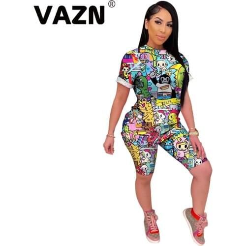VAZN 2020 Top Quality Cartoon Fancy Regular Casual Fashion Short Sleeve Group Knee Length Tracksuits Slim Women 2 Piece Set