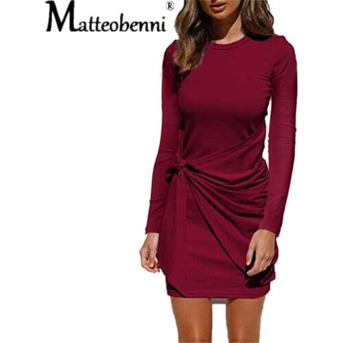 Female Casual Solid Long Sleeve O-Neck Pleated Bow Belt Slim Irregular Dresses 2021 Fall New Sexy Black Mini Dress Office Women