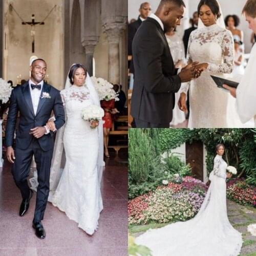 High Neck African Mermaid Wedding Dresses Plus Size Long Sleeves Lace Bridal Gowns robe de mariée Backless Wedding Dress