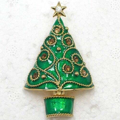12pcs/lot Wholesale Christmas Gift Brooch Rhinestone Enamel Christmas tree Pin brooches C102104