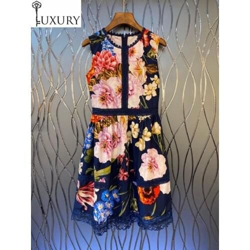 2020 High Quality Cotton Summer Style Women Charming Flower Print Lace Embroidery Patchwork Sleeveless Slim Blue Dress