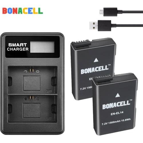 BONACELL 7.4V 1500mAh EN-EL14 ENEL14 EN EL14 Camera Battery + USB Charger For Nikon D5200 D3100 D3200 D5100 P7000 P7100 MH-24