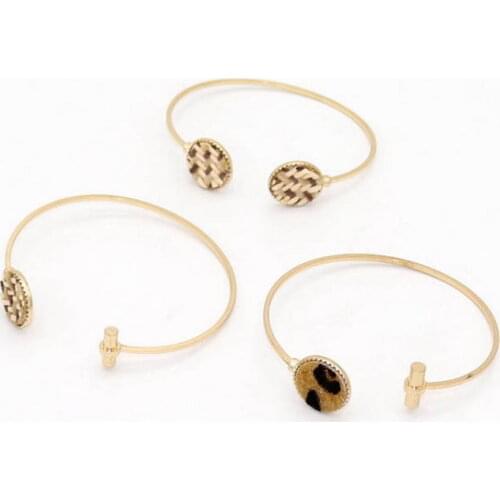 Asymmetric Metal Cylinder Leather Leopard Disc Open Bangles for Women Fashion Double Woven Straw Bracelets Jewelry Wholesale