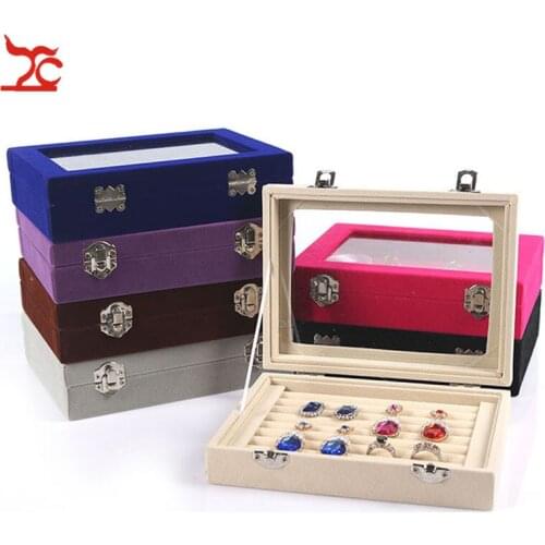 Velvet Glass Jewelry Ring Display Box Flannelette Earrings Jewellery Ring Tray Holder Storage Box Organizer jewerly box