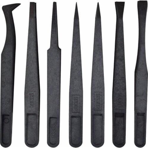 Free Shipping 6pcs Portable hand tool Black Straight Bend Anti-static Plastic Tweezer Heat Resistant Repair Tool