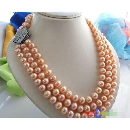 FREE SHIPPING>>>@@ > 3ROW 11MM PINK ROUND FRESHWATER CULTURED PEARL NECKLACE SHELL p848 ^^^@^Noble style Natural Fine jewe