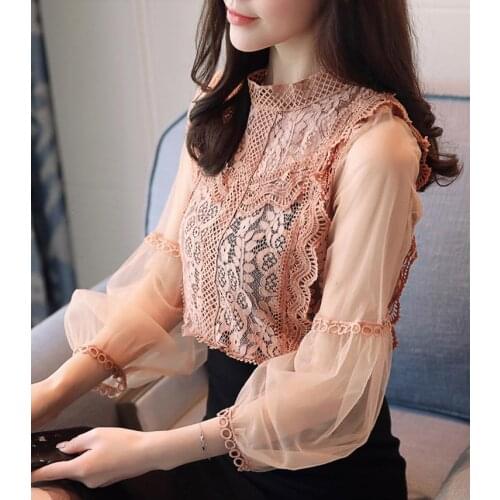 Autumn Spring Fashion Women Lace Patchwork Lantern Sleeve Stand Collar Chiffon Blouse , Sweet Ladies Loose Xxl Designer Blouses
