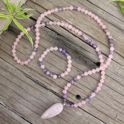 8mm Natural Stone Beads,Amethyst,Rose Quartz And Pendant,JapaMala Sets,Spiritual Jewelry,Meditation,Inspirational,108 Mala Beads