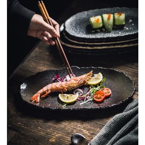 EECAMAIL Japanese Style Black Pearl Ceramic Tableware Creative Sushi Dish Irregular Long Strips Daily Tray Snack Dessert Plate