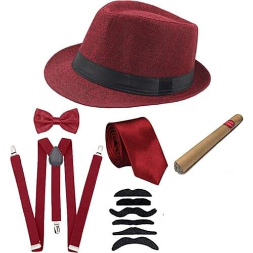 Halloween Cosplay Costume 1920s Mens Gatsby Gangster Accessories Set - Fedora Newsboy Hat Suspenders Armbands Tied Bowtie