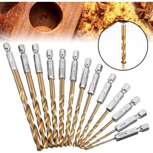 13pcs/set HSS Titanium Coated Drill Bit Set Twist Drilling Bits 1/4" Hex Shank 2.36"~4.61" For Steel Wood Plastic Drilling