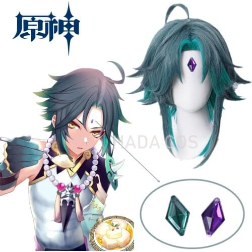New Game Genshin Impact Xiao Wig Cosplay Dark Green Short Hair Decorative Diamond Body Sticker Halloween Role Play Party
