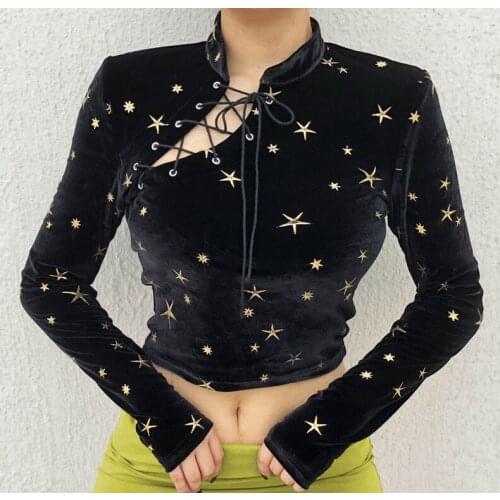 The Latest Women Sexy Crop Top Stand Collar Lace Cutout Short Top Casual Long Sleeves Comfortable And Fashionable