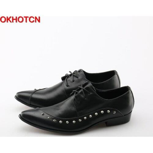 OKHOTCN Black Men Flats Genuine Soft Leather Casual Shoes Side Rivets Flat Mens Lace Up Shoes Promotion Business Office Shoes