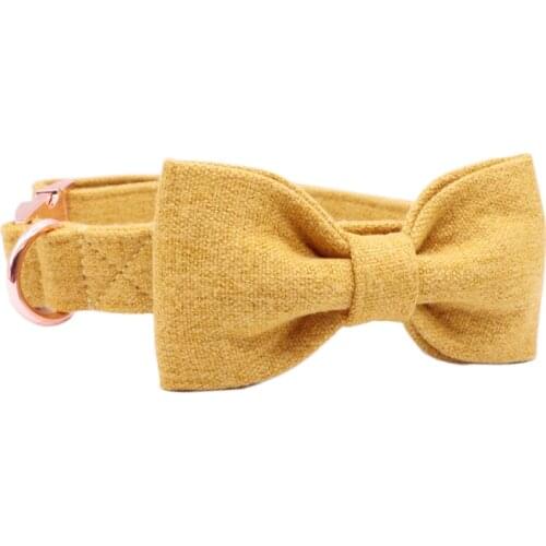 Standed Cotton Fabric Dog Collar and Leash Set with Bow Tie Yellow for Big and Small Dog