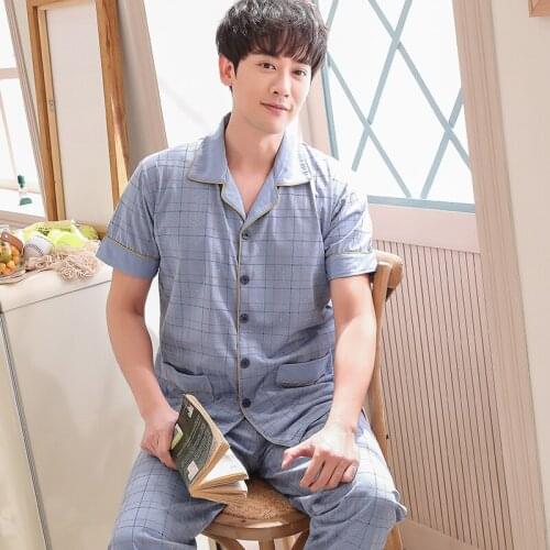 Plus Size 4XL Summer Plaid Men Pajamas Set Breathable Cotton Casual Sleepwear Man Home Sleep Short Sleeve & Pants Two Piece Set