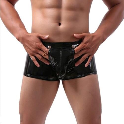 Sexy Mens PU Leather Boxer Shorts Removable Gay Back Open Erotic Underwear Male Hot Erotic Underpants Clubwear