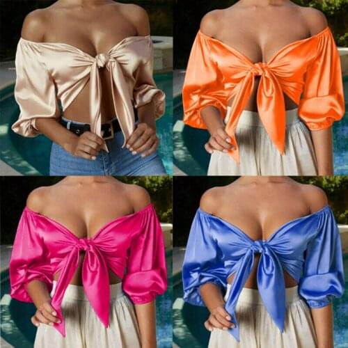 Sexy Womens Ladies Satin Silk Tie Up Knot Flared 3/4 Sleeve Cropped Top Tank Tops