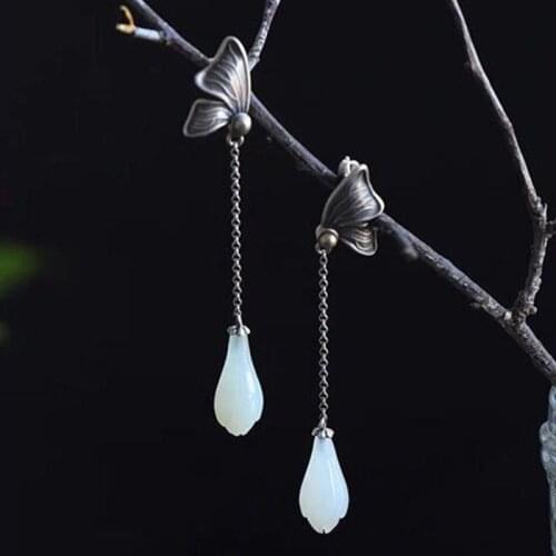 Natural Hetian White Magnolia Flower Butterfly Tassel Earrings Chinese Style Retro Light Luxury Charm Womens Silver Jewelry