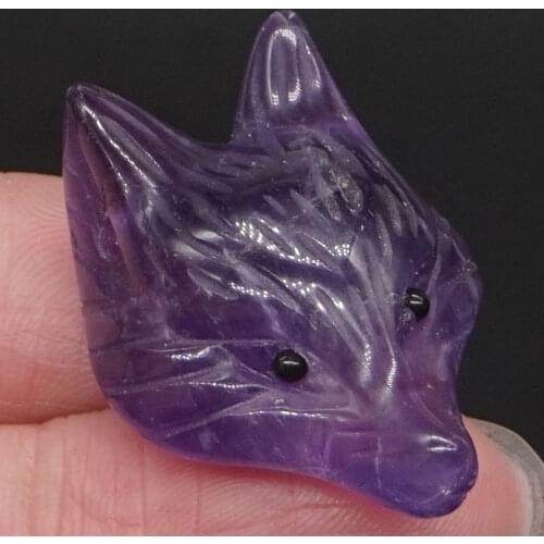 1.3" Fox Head Pendant Figurine Amethyst Gemstone Animal Statue Carved Stone Carving Crystal Healing Necklace Jewelry Man Fashion