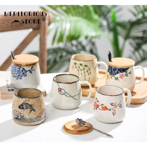 Vintage Coffee Mug Unique Japanese Retro Style Ceramic Cups, 380ml Kiln Change Clay Breakfast Cup Creative Gift for Friends