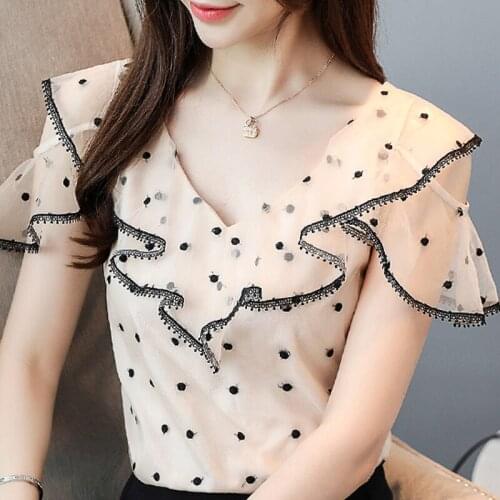 Summer Women Blouse Short Sleeve V-Neck Ruffles Lace Chiffon Blouse Shirt Blouse Women Blusas Mujer De Moda 2021 Blouses B374