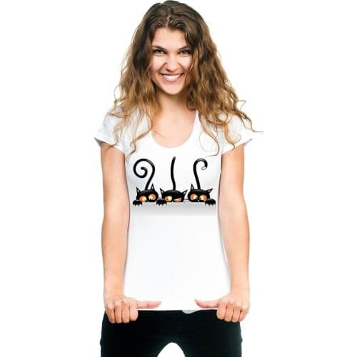 Women Tshirt Vintage Harajuku Streetwear O-Neck White T-shirt Oversized Cute Black Cats Print Korean Fashion Ulzzang Tops Tees